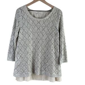 Boston Proper Sequin Embellished Open Knit Sweater Chiffon Lining in Cream, Sz M
